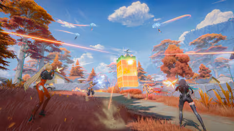 Fate Trigger urban combat environment with Strikers engaging in tactical warfare